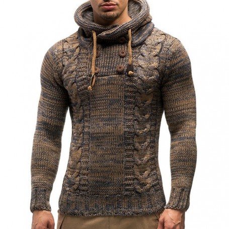Mens Fashion Solid Color Knit Hooded Sweaters Round Neck Long Sleeve Slim Fit Pullover Tops Autumn Winter Male Casual Sportswear