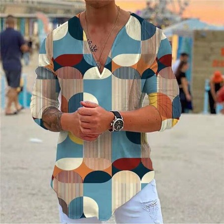 New Fashion Spring V-Neck T-shirts Men Clothing Vintage Printed Casual Loose Long SleeveTops Pullover Mens Tee Shirts Streetwear