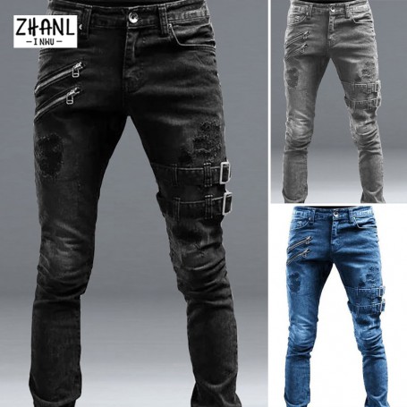 Black or Blue  Slim  Leg Jeans Man Pants Cacual Ripped Jeans Male Streetwear Youth Man Clothes Moto Harajuku Long Denim Trousers