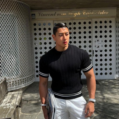 Casual short sleeves t shirt Men Gyms Fitness T-shirt Male Training Workout Knitted stripes Slim Tees Tops Fashion Clothes