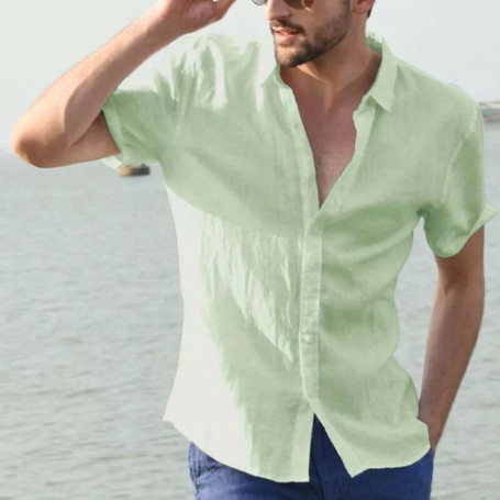 Men's Shirts Linen Short Sleeve Summer Solid Shirts Casual Loose Turn-down Collar Blouse Male Breathable Shirt