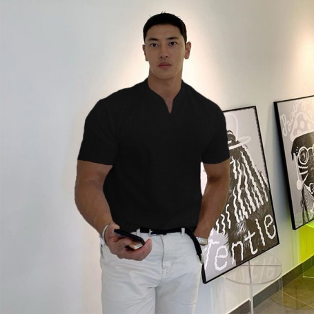 Solid V-neck Fashion T shirt Men Cotton Sports Casual T-Shirt Male Bodybuilding Workout Fitness Tee shirt Summer Gym Clothing