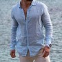 Men's Casual Long Sleeve Shirt Streetwear Turn-down Collar Button Solid Cotton Linen Shirt For Man Vintage Vacation Male Blouse