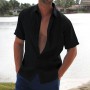 Men's Shirts Linen Short Sleeve Solid Shirts Casual Solid Short Sleeve Turn Down Collar Shirts Button Beach Shirts Male