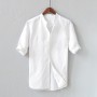 Men's Stand Collar White Shirt Causal Basic Short Sleeve Shirts Button Solid Color Slim Streetwear Male Tops Summer Camisas New