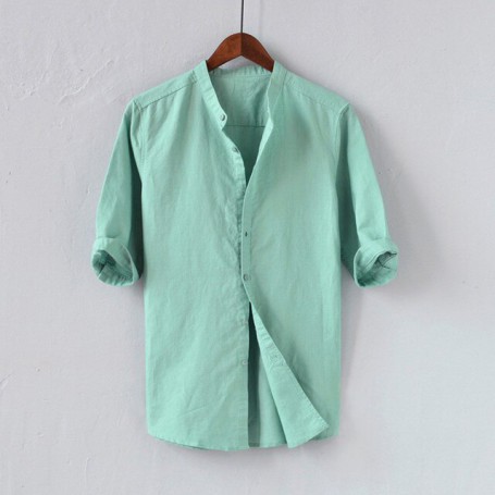 Men's Stand Collar White Shirt Causal Basic Short Sleeve Shirts Button Solid Color Slim Streetwear Male Tops Summer Camisas New