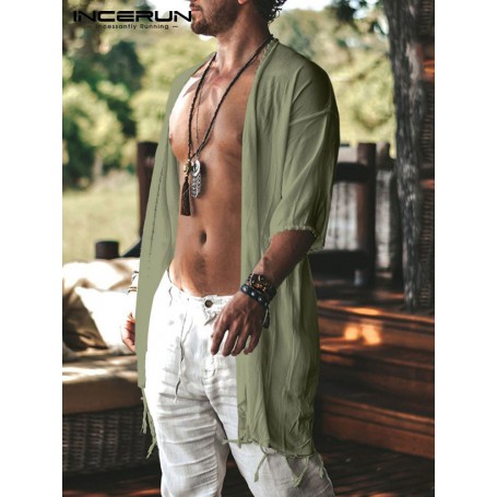 Men Shirt Tassel Open Stitch Short Sleeve Streetwear Long Style Cardigan Solid Color Casual Outerwear 5XL INCERUN 7