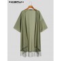 Men Shirt Tassel Open Stitch Short Sleeve Streetwear Long Style Cardigan Solid Color Casual Outerwear 5XL INCERUN 7