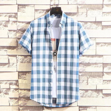 Pure Color Short Sleeve Shirt Men Striped Shirt Plaid Shirt Dress   Large Size Mens Shirts Casual Slim Fit