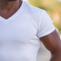 Men V Neck Short Sleeve T Shirt Slim Fit Sports Strips T-shirt Male Solid Fashion Tees Tops Summer Knitted Gym Fitness Clothing