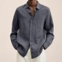 Men's Breathable Casual Cotton Linen Solid Colors Turn-down Collar Long Sleeve Button Shirts Loose Blouse