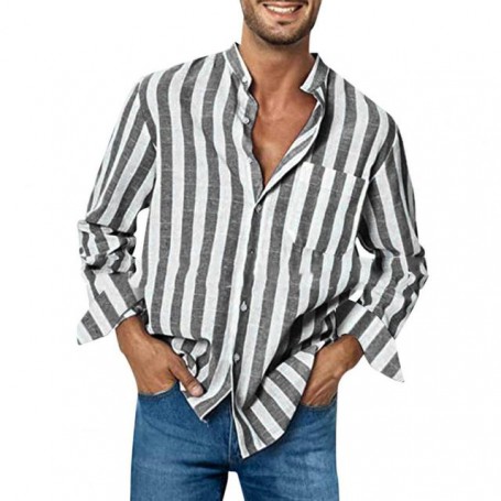 Stripe Printing Long Sleeve Stand Collar Men Shirt Loose High Elasticity Dress-up  Men Top Casual Linen Buckle Top for Dating