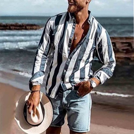 Fashion Men's Casual Luxury Shirts Long Sleeve Hawaiian Shirts Summer New Men's Retro Striped Shirts
