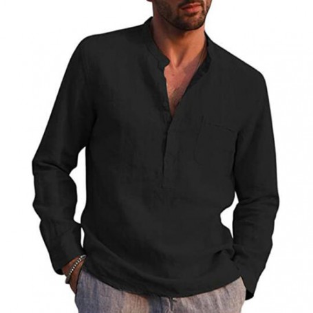 Cotton Linen Hot Sale Men's Long-Sleeved Shirts Summer Solid Color  Stand-Up Collar Casual Beach Style Plus Size