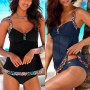 Swimwear Suits Women Stitching Casual V Neck Sleeveless Tops Solid Low Waist Bottoms Black Two-Piece Suits Swimsuit Women