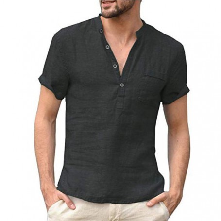 Short-Sleeved Linen Shirts Men's Casual Hip Pop t-Shirt With Stand-Up Collar Soild Short-Sleeved Shirt Buiness Shirts Top