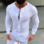 Men's Casual Shirt Soild Color Cotton Linen Button Slim Fit Social Hawaiian Blouses Male Black Long Sleeve Clothing