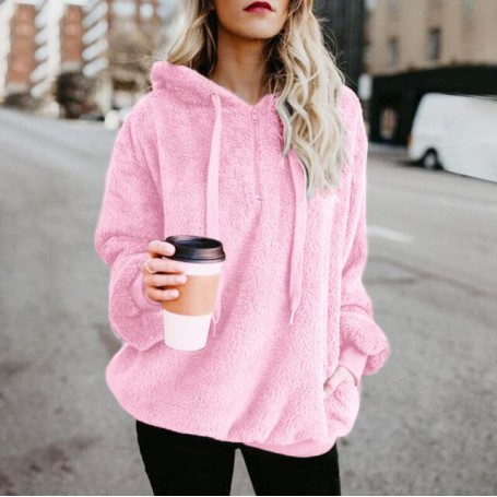 Women's Long Sleeve Fleece Hoodies Female Hooded Pullover Sweatshirt Warm Zipper Pocket Sweatshirt