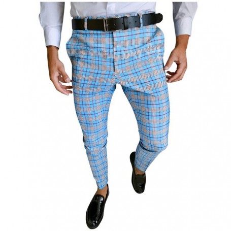 Men's Casual Business Pants Plaid Print Skinny Pencil Pants Zipper Elastic Waist Oversize Pants Streetwear Suit Trousers