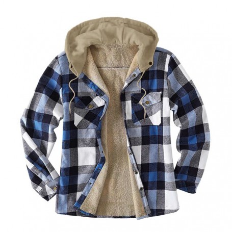 Men's Varsity Jackets Autumn And Winter Large Plaid Pocket Hooded Loose Coat Plus Velvet Shirt Top Hooded Jackets