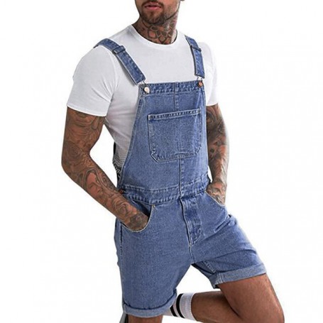 Mens Plus Size Pocket Jeans Denim Overall Jumpsuit Fashion Hip Hop Streetwear Overall Suspender Pants Solid Color Short Jean