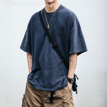 Fashion Loose Distressed High Quality Casual Solid Color Short Sleeve Men American Retro Couple Clothes