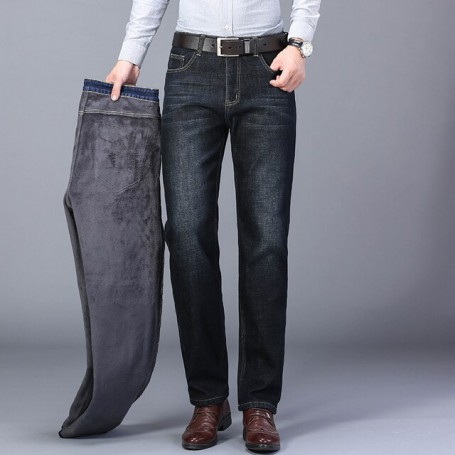 Men's Fleece Jeans Business New Fashion Thick Warm Stretch Straight Loose Denim Pants Man Casual Trousers Plus Size 28-42