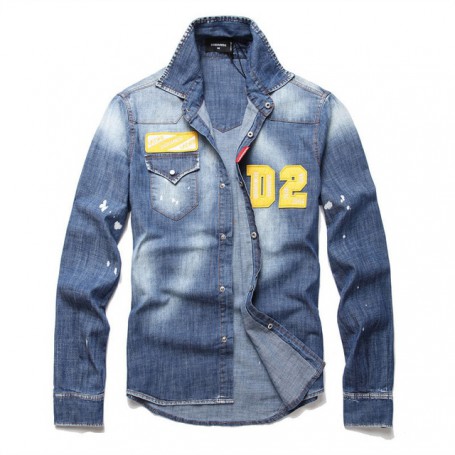 Men Denim Shirts Long Sleeves Jeans Shirts Male Fashion Light Blue Printed Casual Shirts