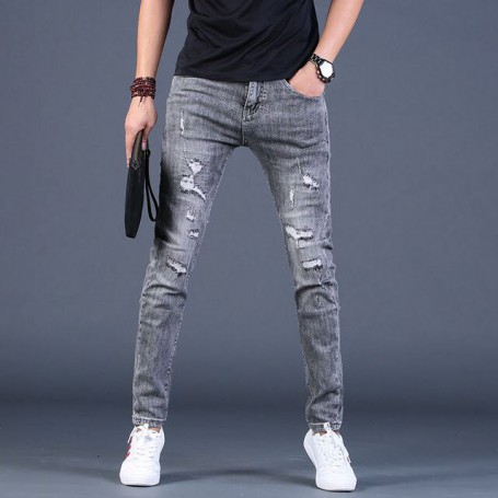 Jeans Men's Tattered Slim skinny Korean Trendy Fashion