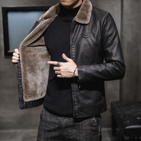 Leather Jacket Men's Jacket Fashion Faux Fur Collar Windproof Warm Outerwear