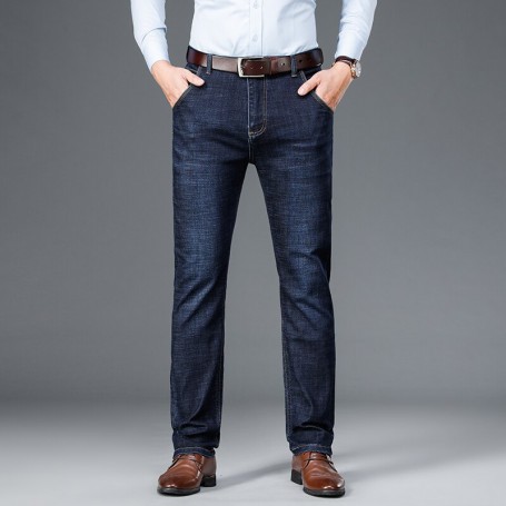 Jeans Men Classic Relaxed Fit Flex High Waist Business Casual Classic Black Blue Denim Trousers