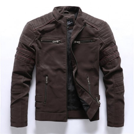 Men Motor jacket Inner Fleece PU Coat Leather Jacket Casual  Faux Mens Clothing Streetwear