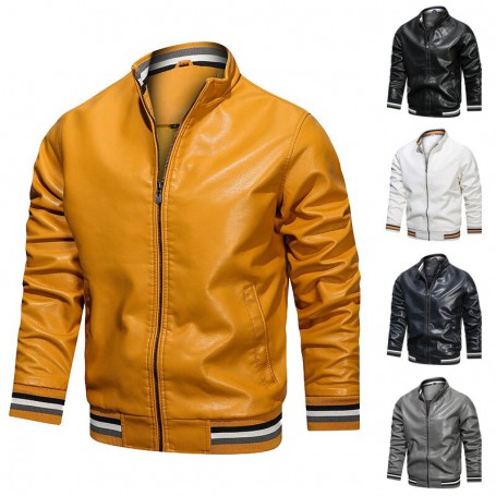 Causal Leather Jackets Men Solid Jacket Coat Men Clothing Winter Stand Slim Bomber Biker PU Leather Jacket Men