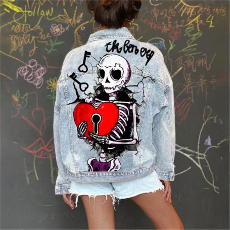 Fall 2021 women's casual single-breasted denim jacket denim jacket skull bone love pattern printed jacket