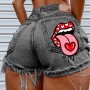 Hot summer women's shorts pockets, printed pattern, big stone love, ripped raw shorts INS influencer