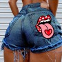 Hot summer women's shorts pockets, printed pattern, big stone love, ripped raw shorts INS influencer