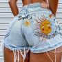 Women's summer new street personality printing sunflower smiley pattern ripped denim shorts hot pants wholesale