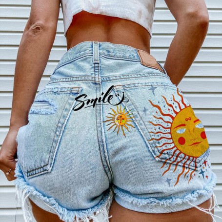 Women's summer new street personality printing sunflower smiley pattern ripped denim shorts hot pants wholesale