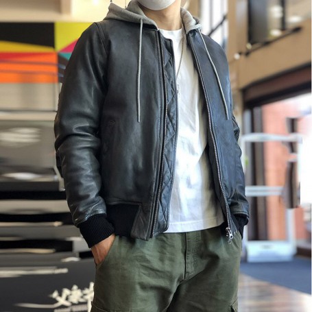 Jacket Hooded Leather Classic Bomber Men