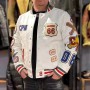 DHL free shipping,embroidered genuine leather baseball jacket white blue orange stand collar American leisure sport coat
