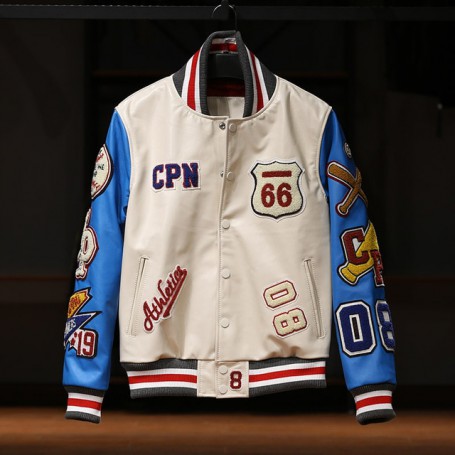 DHL free shipping,embroidered genuine leather baseball jacket white blue orange stand collar American leisure sport coat