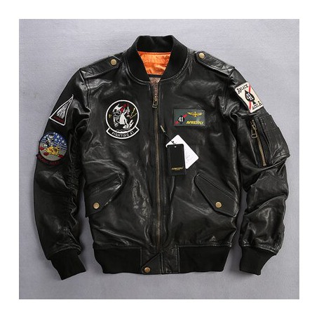 DHL free shipping Brand Genuine Leather Jackets Male Goat Skin Multi- labeling Embroidery Pilot Collar Bomber Motorcycle Jackets