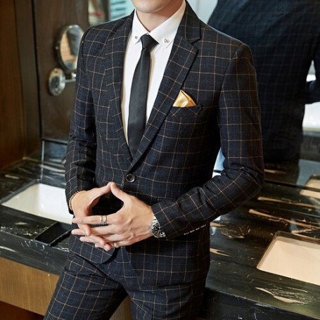 2 Pces Set High-end Formal Business Social Office Mens Slim Blazers Stripes Plaid Groom Married Wedding Dress Male Suits S-4XL