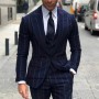 Navy Blue Stripe Mens Suits 3 Piece Jacket Vest Pants Set Wedding Groom One Button Tuxedo Peaked Lapel Business Blazer Masculino