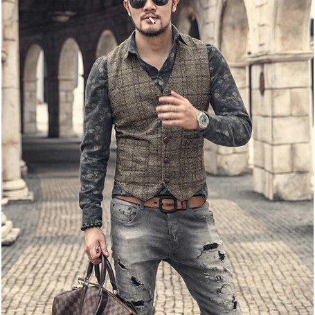 Suit Vest For Men Wool Tweed Casual Waistcoat Formal Business Vest