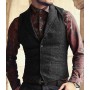 Men's Classic Suit Vest Herringbone Pattern Business Waistcoat Notch Lapel Wool Tweed Groomsmen Waistcoat For Wedding