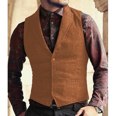 Men's Classic Suit Vest Herringbone Pattern Business Waistcoat Notch Lapel Wool Tweed Groomsmen Waistcoat For Wedding