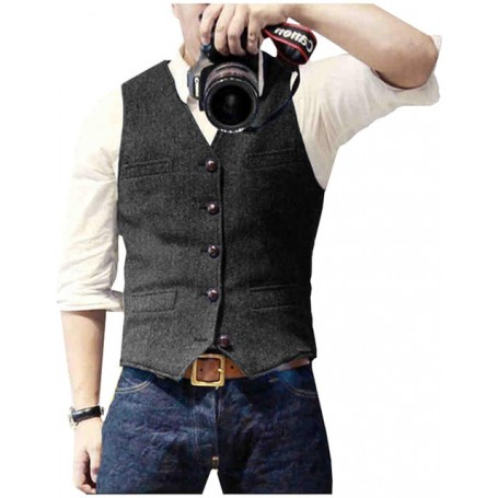 Men's Casual Classic Suit Vest V Neck Herringbone Tweed Slim Fit Business Waistcoat For Wedding