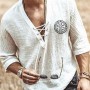 2021 Men's Hollow Out Linen Oversized T shirt Summer Male Sexy Deep V Neck bandage Men Clothing Casual Solid Color Linen Tops