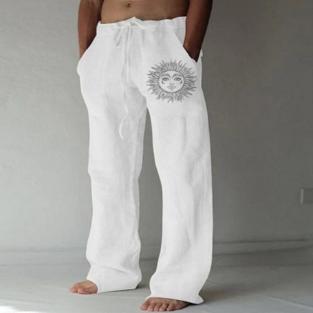 Pants sweatpants Sun Flower Print Full Length Pants Pocket Drawstring Linen Trousers Men